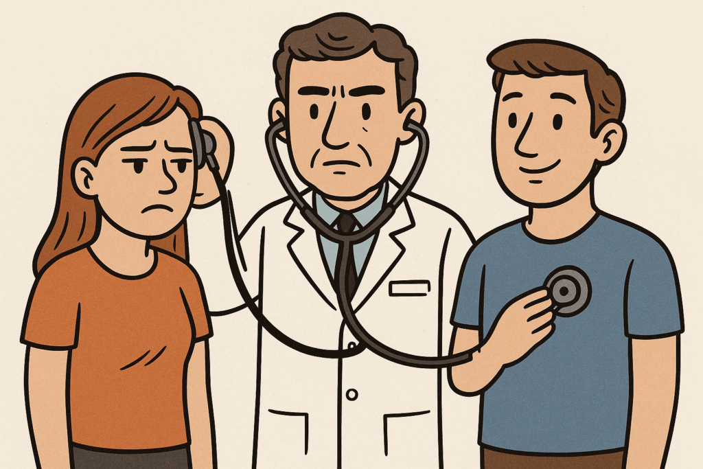 a doctor holding a stethoscope to a woman's head whilst he holds it to a mans heart, illustrating how women are dismissed by doctors whilst men recieve real treatment. 