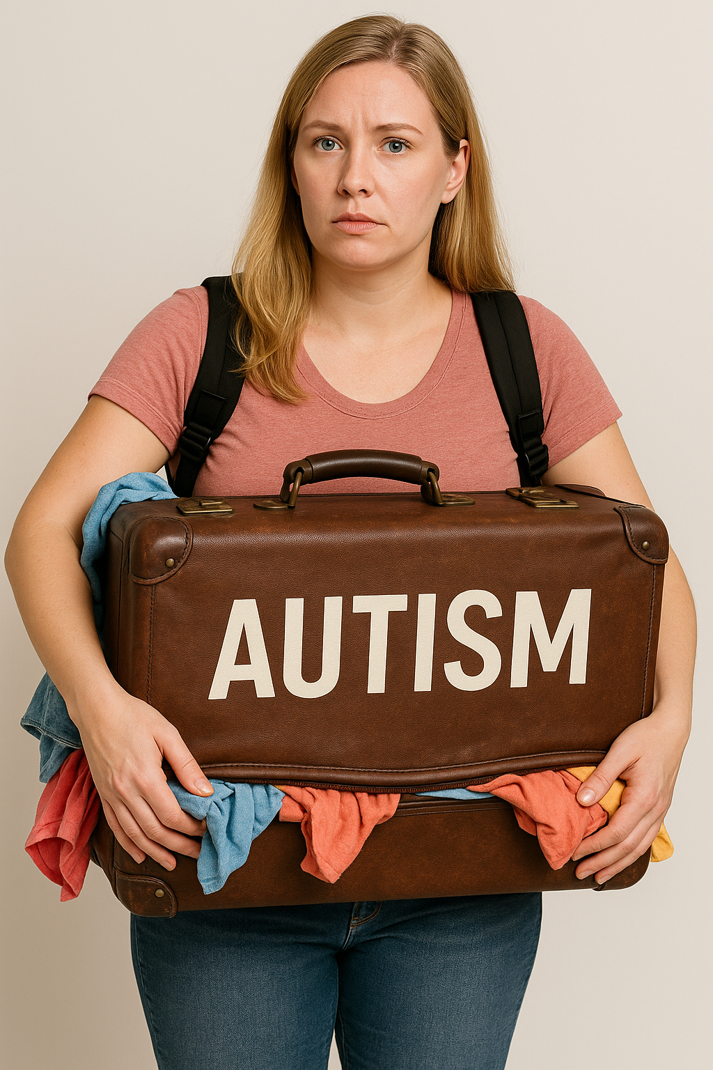 Woman holding suitcase labeled 'autism' to demonstrate how she has to travel with autism
