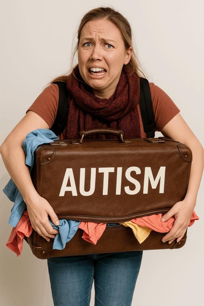 woman carrying suitcase of 'autism' demonstrating she travels with autism. 