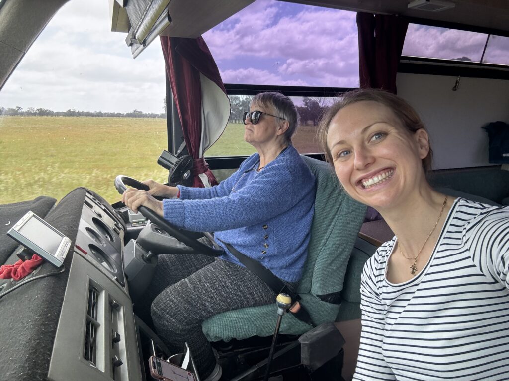 mmum and i travelling in the rv bus 