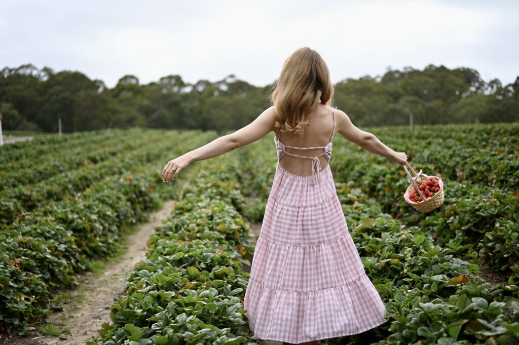 Victoria-Rose Paris in the Beerenberg strawberry picking field swinging a basket of strawberries, back turned. 