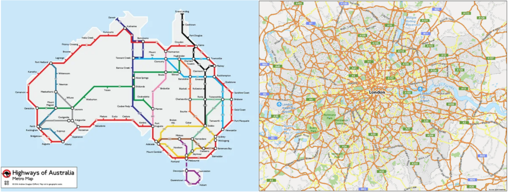 map of australia with very few highways and map of london with thousands of highways symbolising the synaptic pruning linked with neurodiversity.
