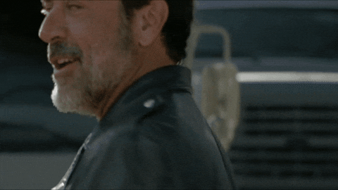 Character Negan from The Walking Dead saying 'easy peasy lemon squeezy' in the zombie apocalypse.
